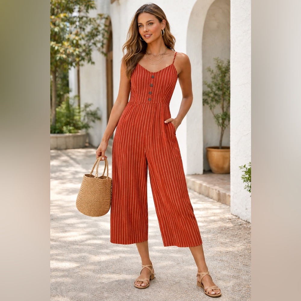 J for Justify Red Striped Smocked
Wide Leg Jumpsuit - Medium